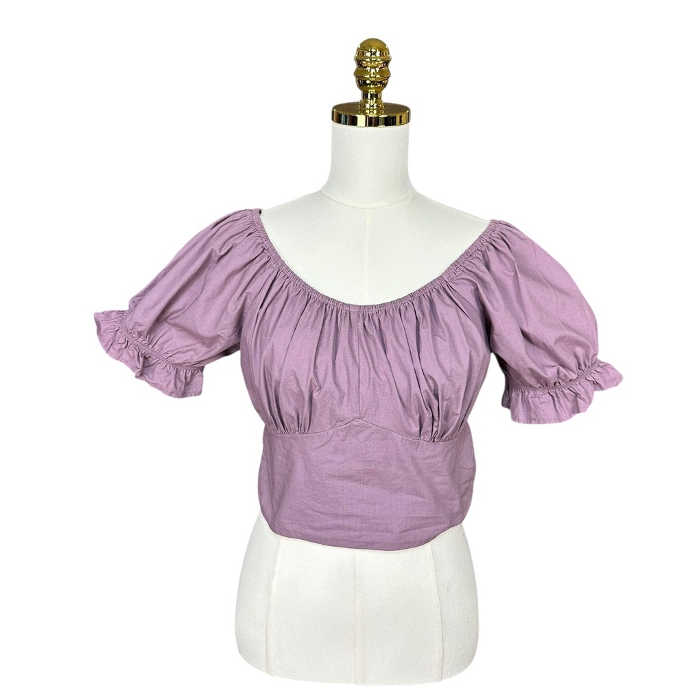 Sim & Sam Lavender Puff Sleeve Smocked Back Crop Top XL Purple Peasant Blouse